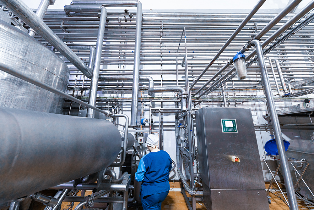 worker in a blue robe and a cap inspect the production department of dairy factory